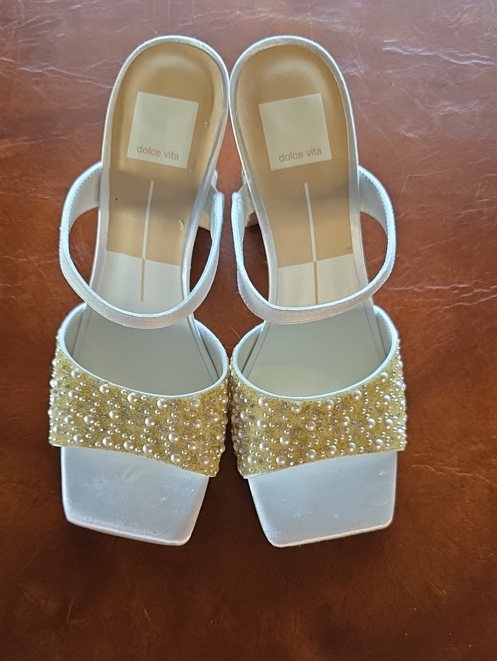 Dolce Vita White Satin Heels with Gold Beaded Front Strap